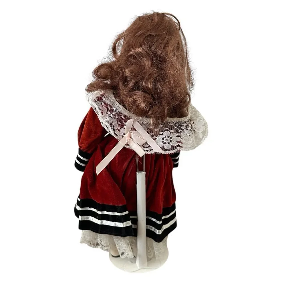 Vintage Victorian Style Girl Doll Burgundy Velvet Dress Lace Trim Collectible